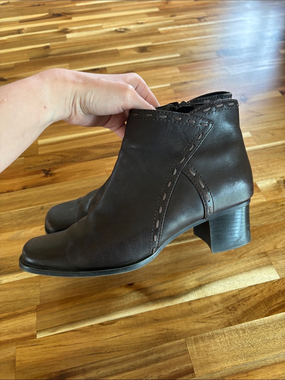 Women's Dark Brown Leather Ankle Boots - Classic Block Heel